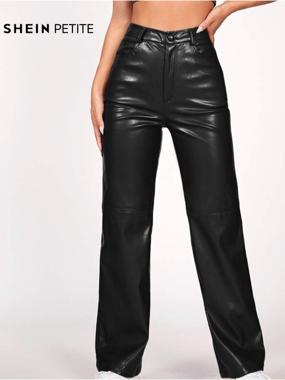 SHEIN | Petite Black Faux Leather Wide-Leg Pants